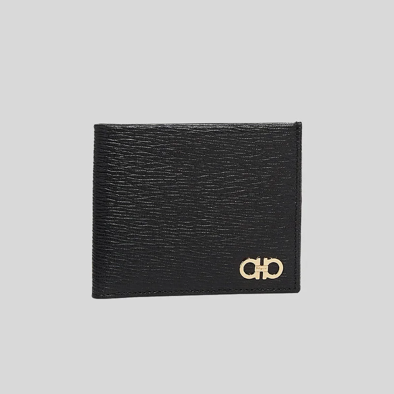 Card Case for Bookworms for Reading-Ferragamo Gancini Men's Leather Bifold Wallet Black RS-685950