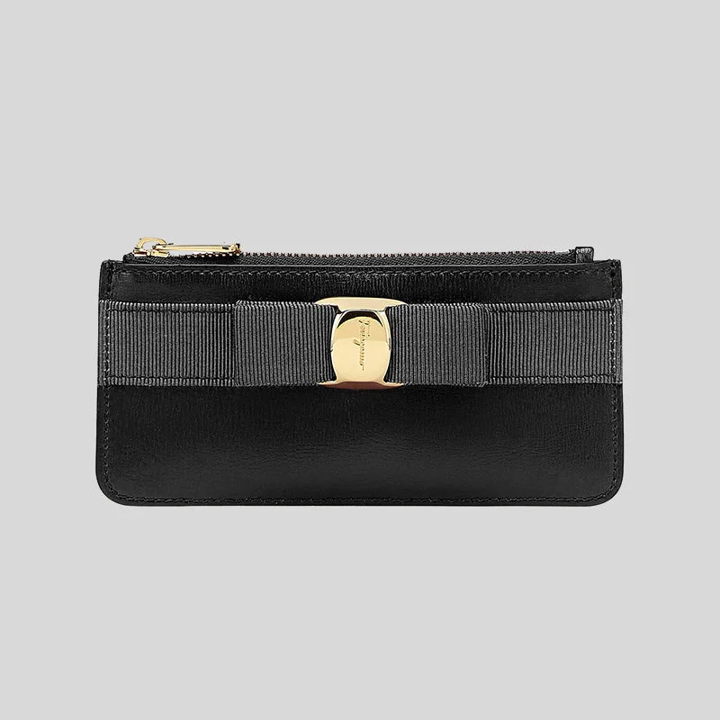 Wallet with Coin Compartment for Change-Ferragamo Vara Blow Calf Leather Flat Card Case Wallet Black RS-734494