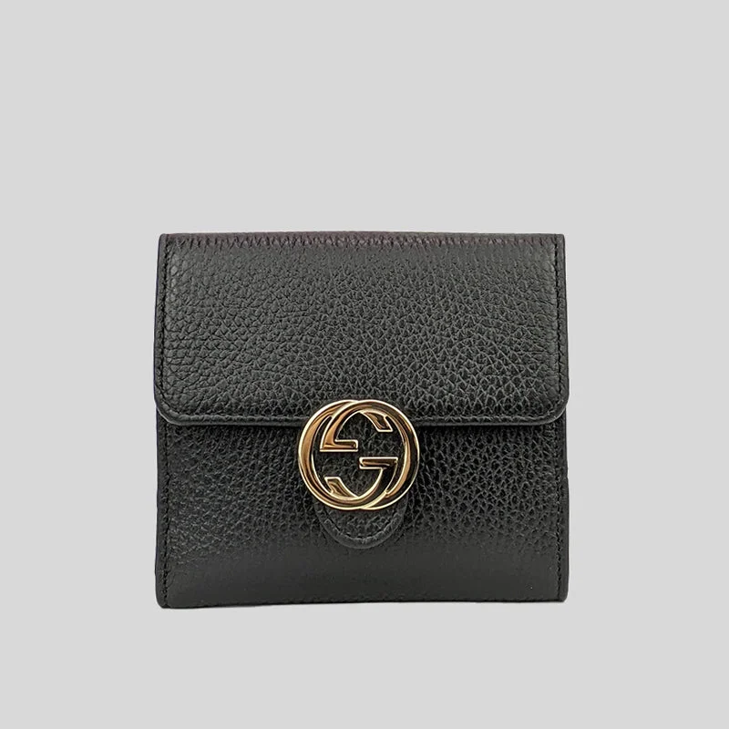 Card Case with Strap for Carry-GUCCI Interlock GG Bifold Leather Wallet Black RS-615525