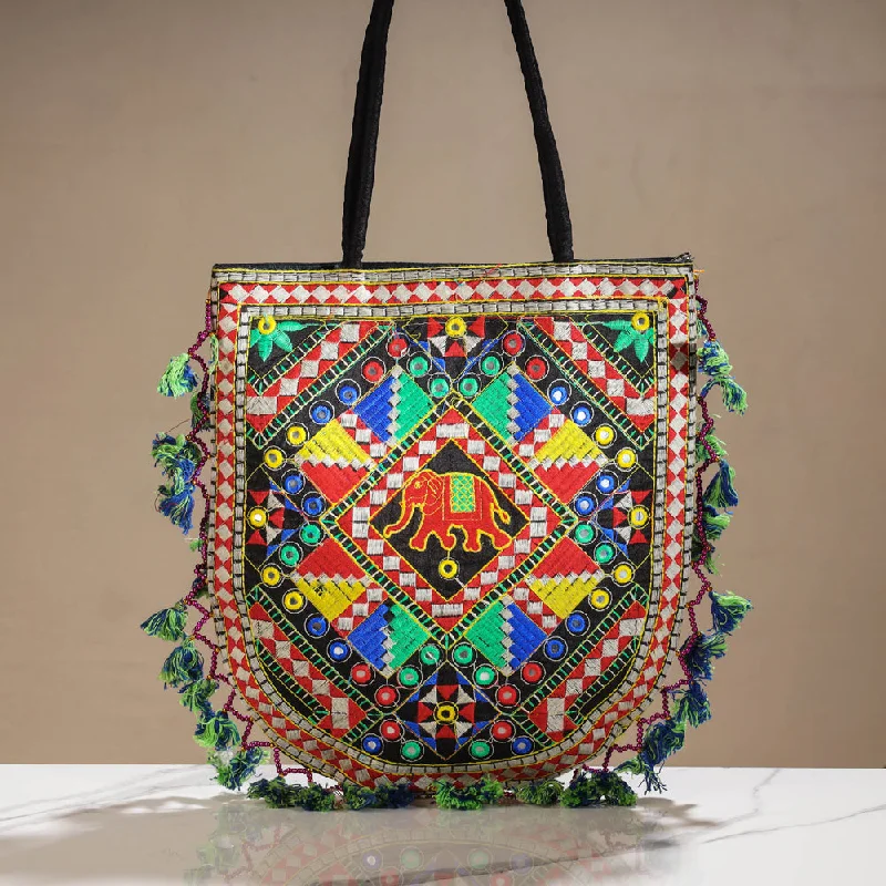 Eco shoulder bags made with recycled green materials -Marudhara Embroidered Shoulder Bag with Tassels