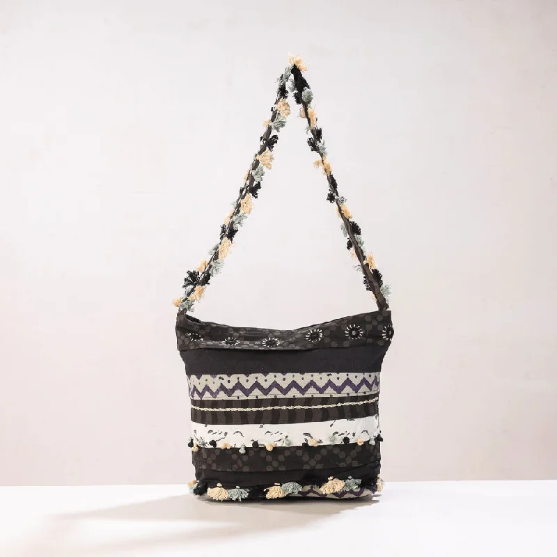 Light shoulder bags great for all-day shoulder ease -Black - Lambani Mirror Work Hand Embroidery Cotton Shoulder Bag with Tassels