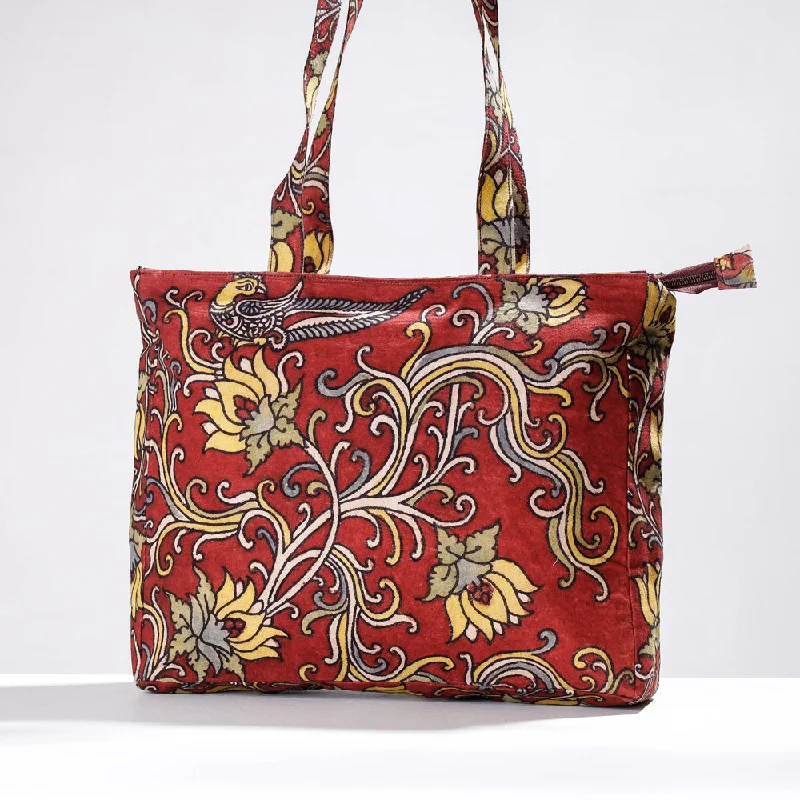 Shoulder bags with plaited straps for textured charm -Red - Shoulder Bag - Handpainted Kalamkari Natural Dyed Cotton