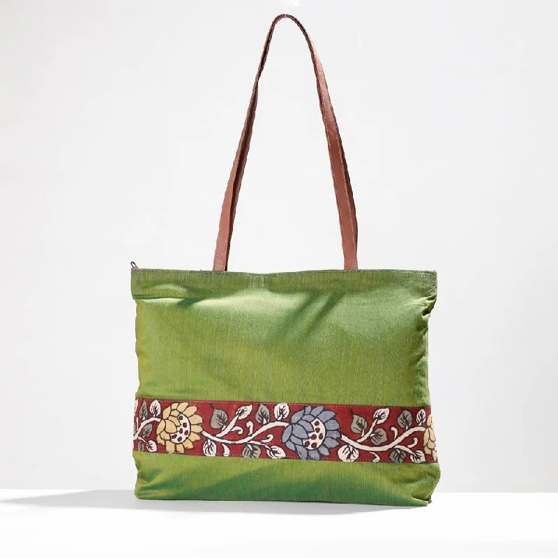 Shoulder bags featuring tough canvas for rugged use -Green - Shoulder Bag - Handpainted Kalamkari Natural Dyed Ghicha Silk