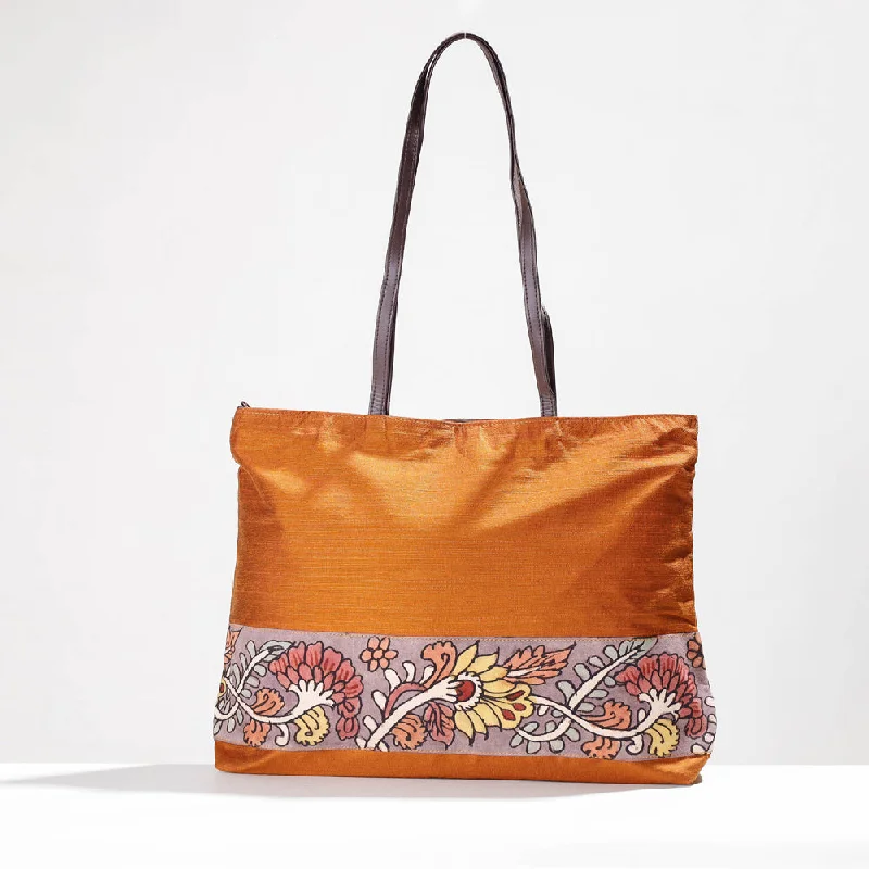 Shoulder bags with padded straps for shoulder comfort -Orange - Shoulder Bag - Handpainted Kalamkari Natural Dyed Ghicha Silk