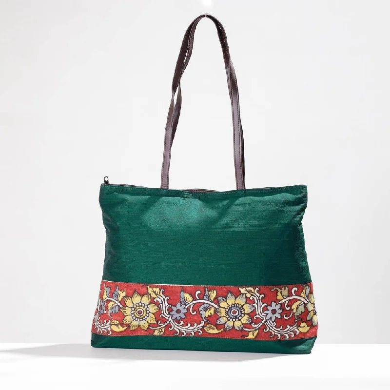 Shoulder bags featuring fringe accents for boho charm -Green - Shoulder Bag - Handpainted Kalamkari Natural Dyed Ghicha Silk