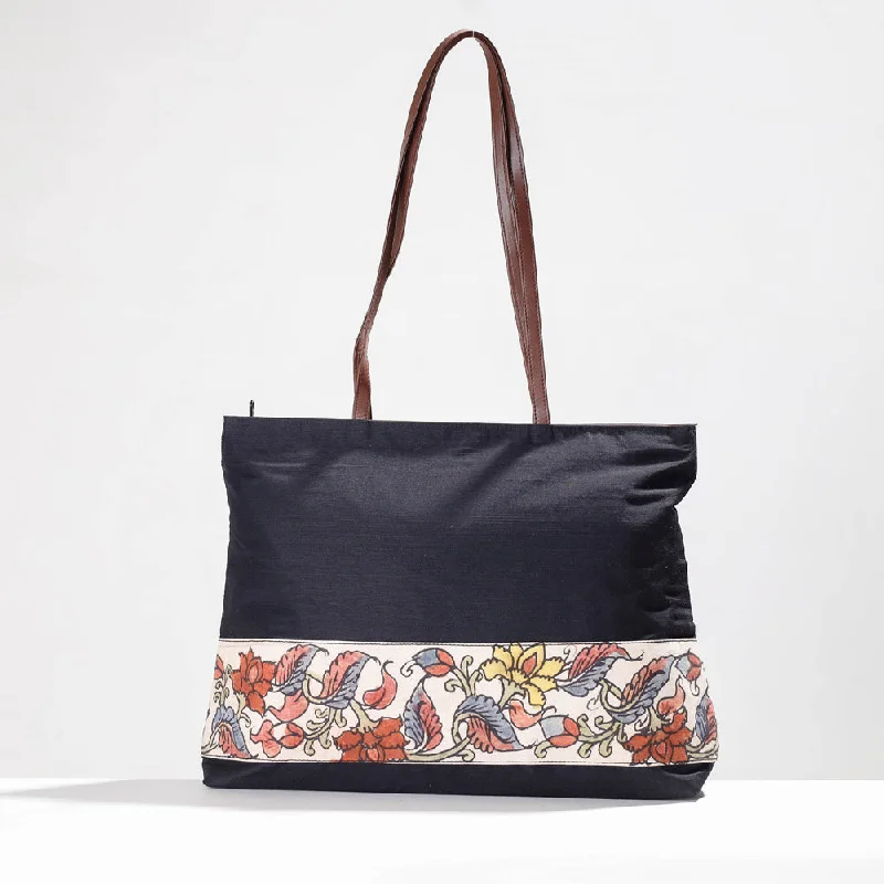 Shoulder bags with zip tops for secure carry -Black - Shoulder Bag - Handpainted Kalamkari Natural Dyed Ghicha Silk