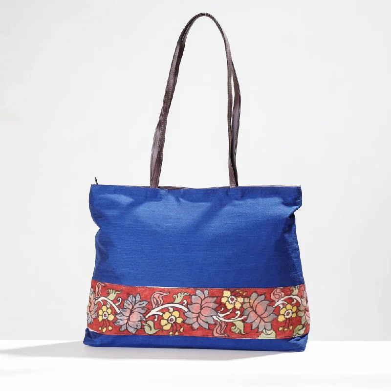 Shoulder bags featuring shiny hardware for glamour -Blue - Shoulder Bag - Handpainted Kalamkari Natural Dyed Ghicha Silk