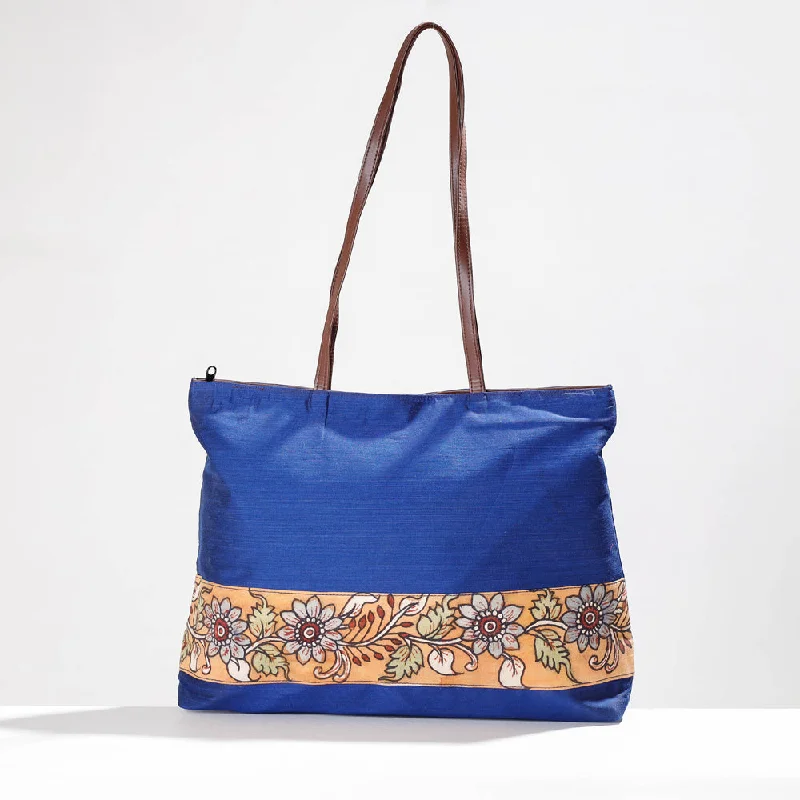 Eco shoulder bags made with recycled green materials -Blue - Shoulder Bag - Handpainted Kalamkari Natural Dyed Ghicha Silk