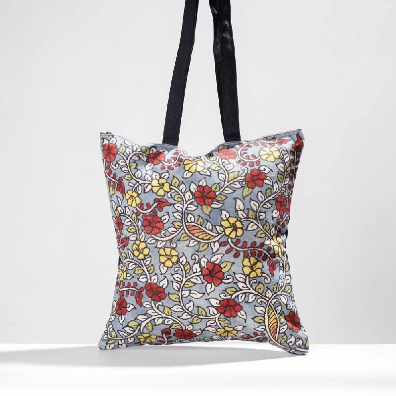 Light shoulder bags great for all-day shoulder ease -Grey - Jhola Bag - Handpainted Kalamkari Natural Dyed Cotton