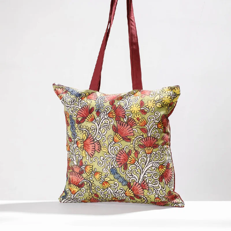 Roomy shoulder bags perfect for travel and errands -Green - Jhola Bag - Handpainted Kalamkari Natural Dyed Cotton