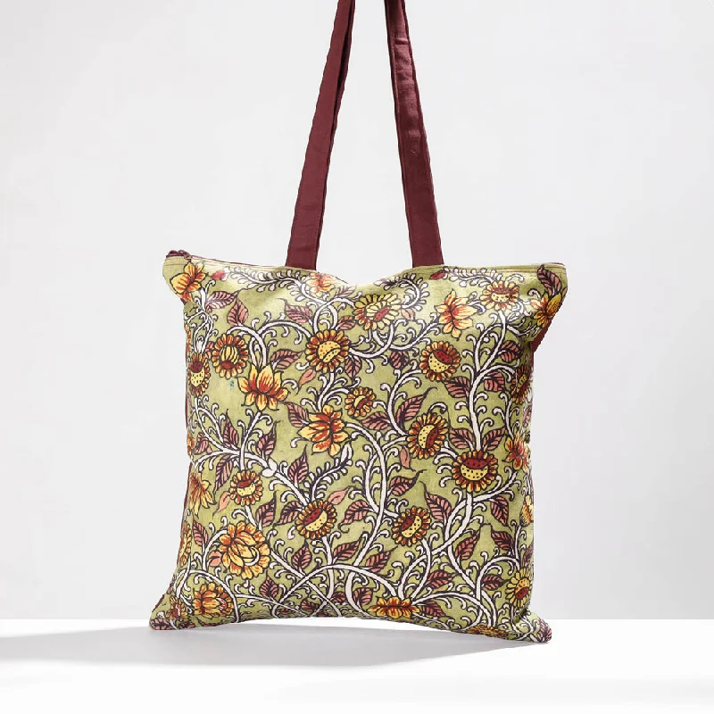 Retro shoulder bags inspired by vintage bag styles -Green - Jhola Bag - Handpainted Kalamkari Natural Dyed Cotton