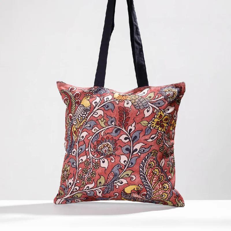 Shoulder bags with thick straps for comfy wear -Pink - Jhola Bag - Handpainted Kalamkari Natural Dyed Cotton