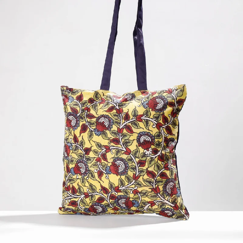 Designer shoulder bags with iconic brand detailing -Yellow - Jhola Bag - Handpainted Kalamkari Natural Dyed Cotton