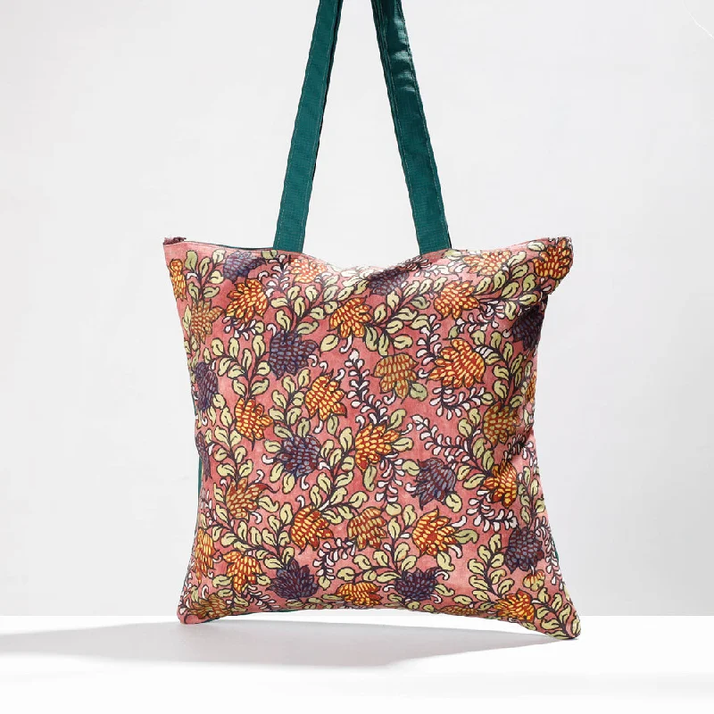 Shoulder bags great for parties with fun pop -Peach - Jhola Bag - Handpainted Kalamkari Natural Dyed Cotton