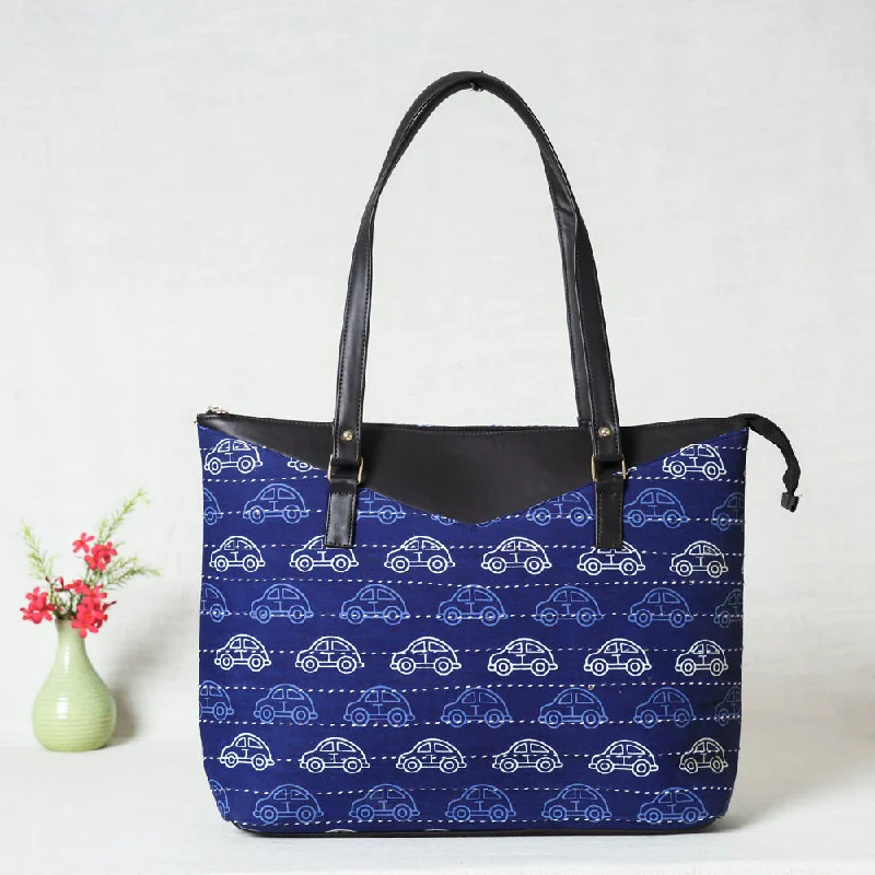 Shoulder bags with light nylon for easy carry -Blue - Handcrafted Kantha Embroidered Printed Cotton Shoulder Bag