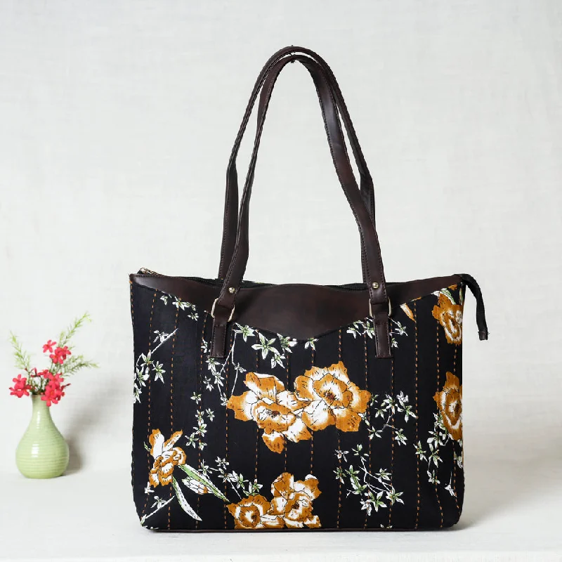 Shoulder bags inspired by French timeless chic -Black - Handcrafted Kantha Embroidered Printed Cotton Shoulder Bag