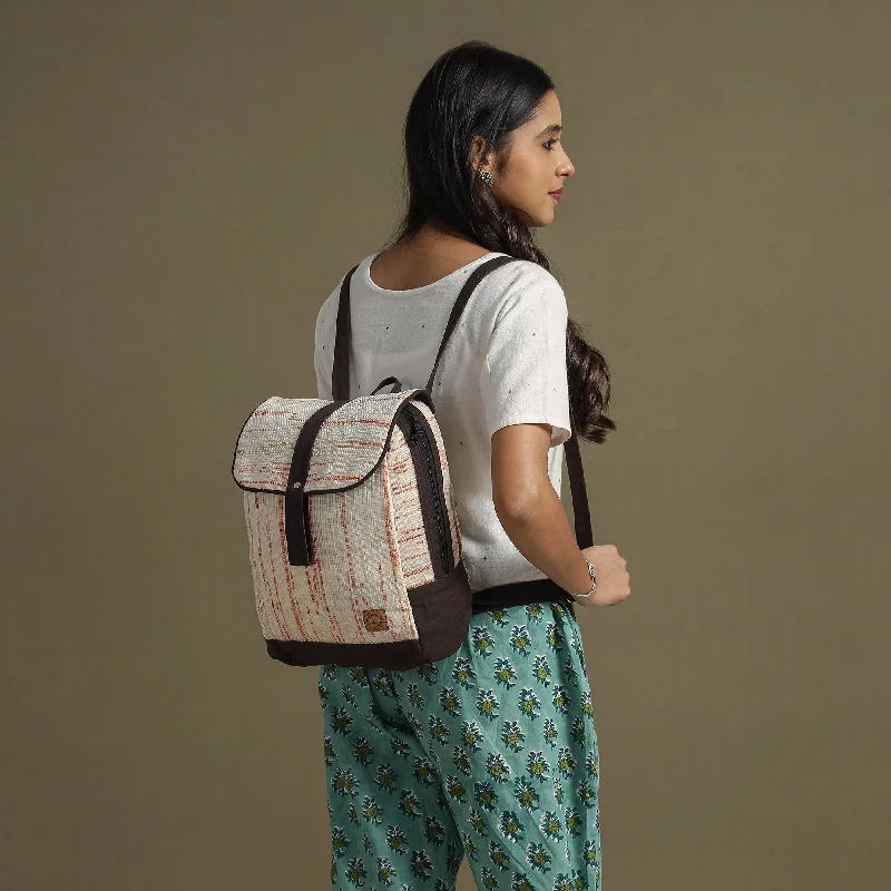 Shoulder bags with sleek leather for soft feel -Beige - Upcycled Weave Handcrafted Mini Backpack