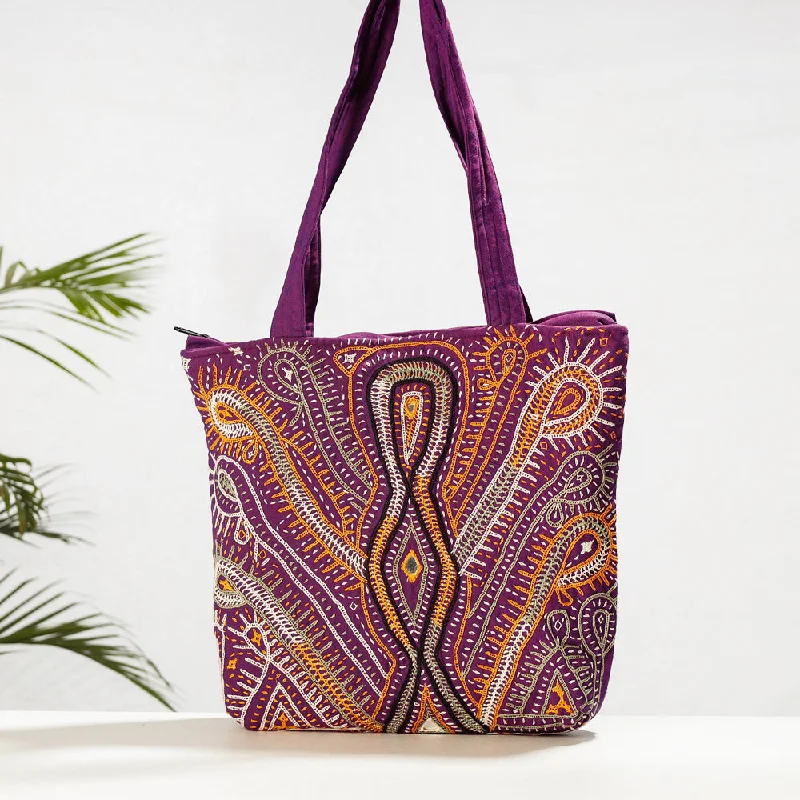 Shoulder bags with check patterns for sharp look -Purple - Kala Raksha Rabari Hand Embroidered Cotton Shoulder Bag