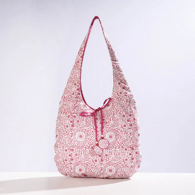 Shoulder bags with double seams for tough wear -Pink - Kantha Work Block Print Cotton Shoulder Bag