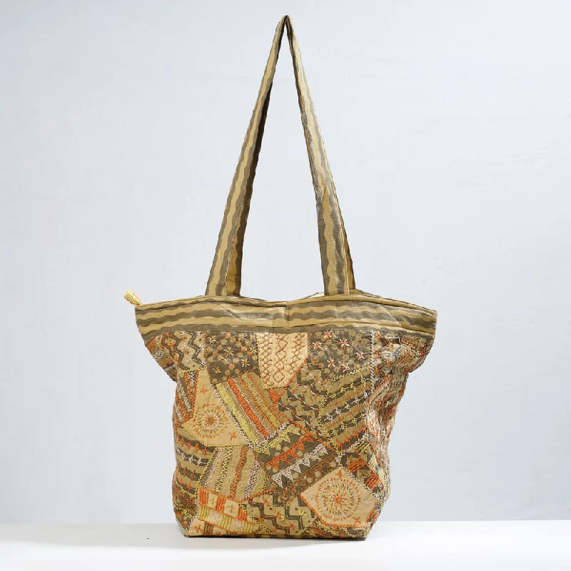 Shoulder bags perfect for trips with durable fabric -Brown - Lambani Hand Embroidery Patchwork Cotton Shoulder Bag