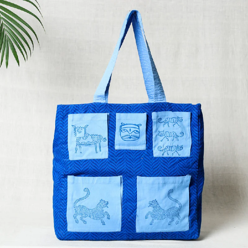 Shoulder bags perfect for transit with smart pockets -Blue - Hand Block Print Cotton Shoulder Bag