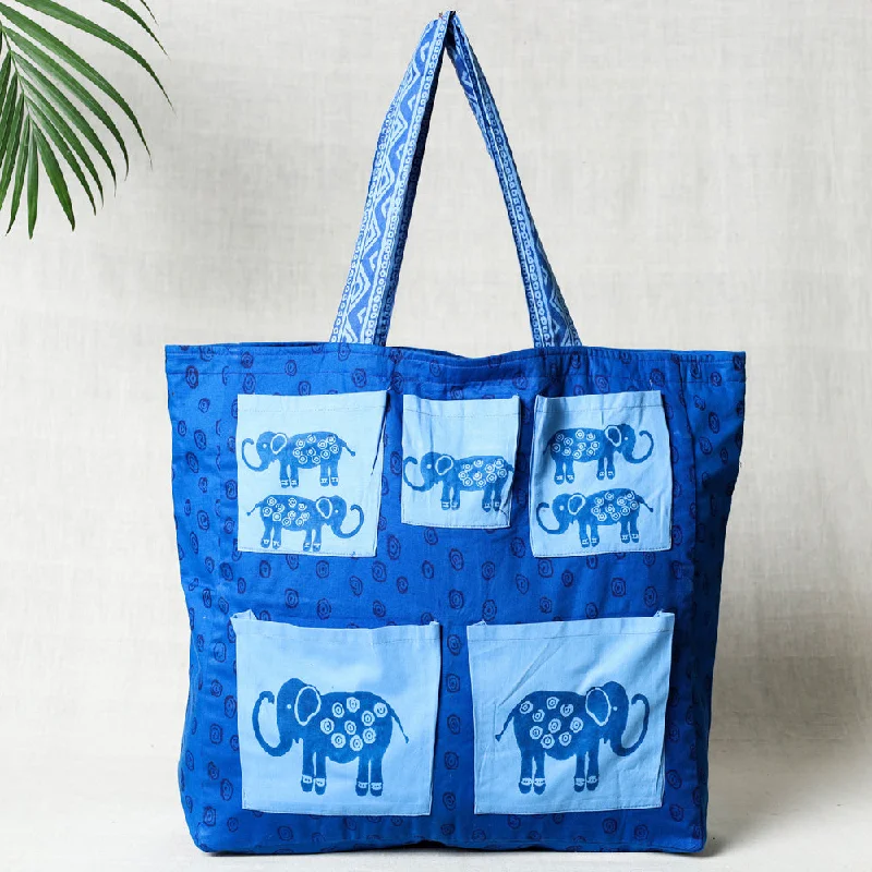 Shoulder bags with hidden slots for small items -Blue - Hand Block Print Cotton Shoulder Bag