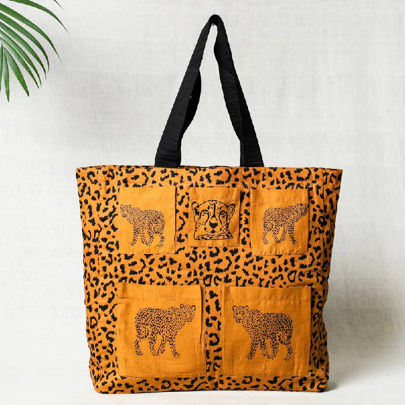 Shoulder bags featuring fuzzy trim for plush texture -Orange - Hand Block Print Cotton Shoulder Bag