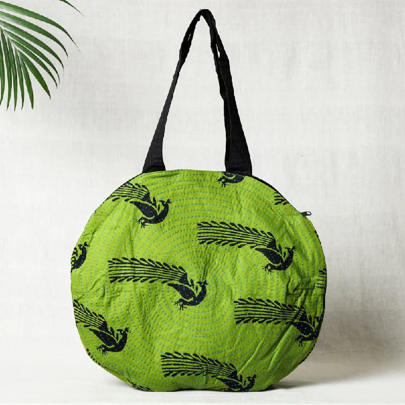 Shoulder bags designed for winter with rich tones -Green - Kantha Work Block Print Cotton Shoulder Bag