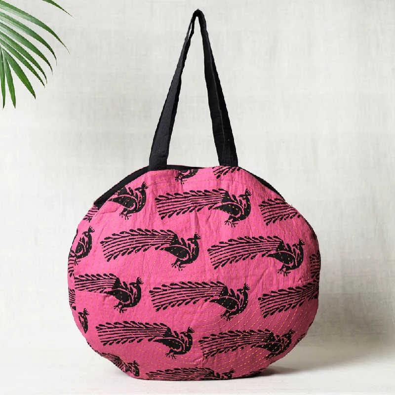 Sleek shoulder bags for clean everyday elegance -Pink - Kantha Work Block Print Cotton Shoulder Bag