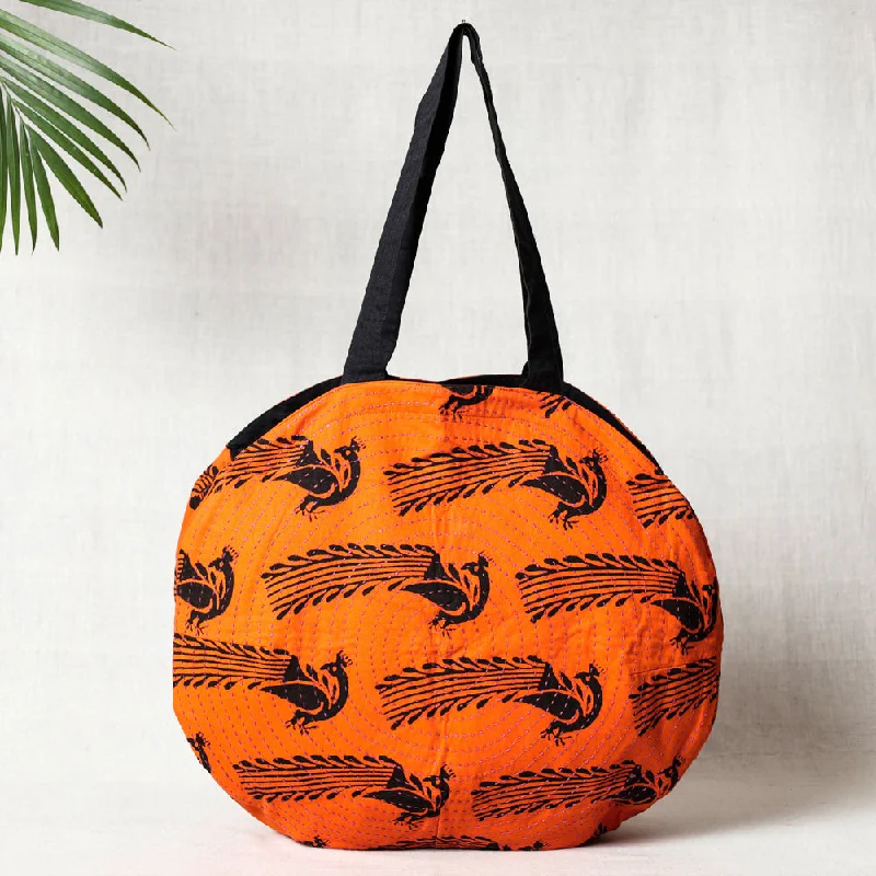 Shoulder bags featuring tough canvas for rugged use -Orange - Kantha Work Block Print Cotton Shoulder Bag