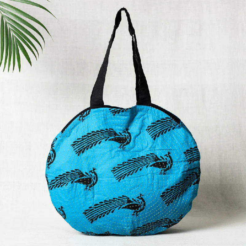 Shoulder bags perfect for markets with ample room -Blue - Kantha Work Block Print Cotton Shoulder Bag