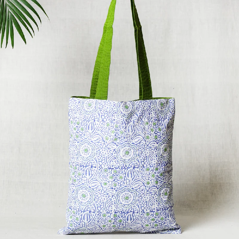 Shoulder bags with padded straps for shoulder comfort -Blue - Kantha Work Block Print Cotton Shoulder Bag