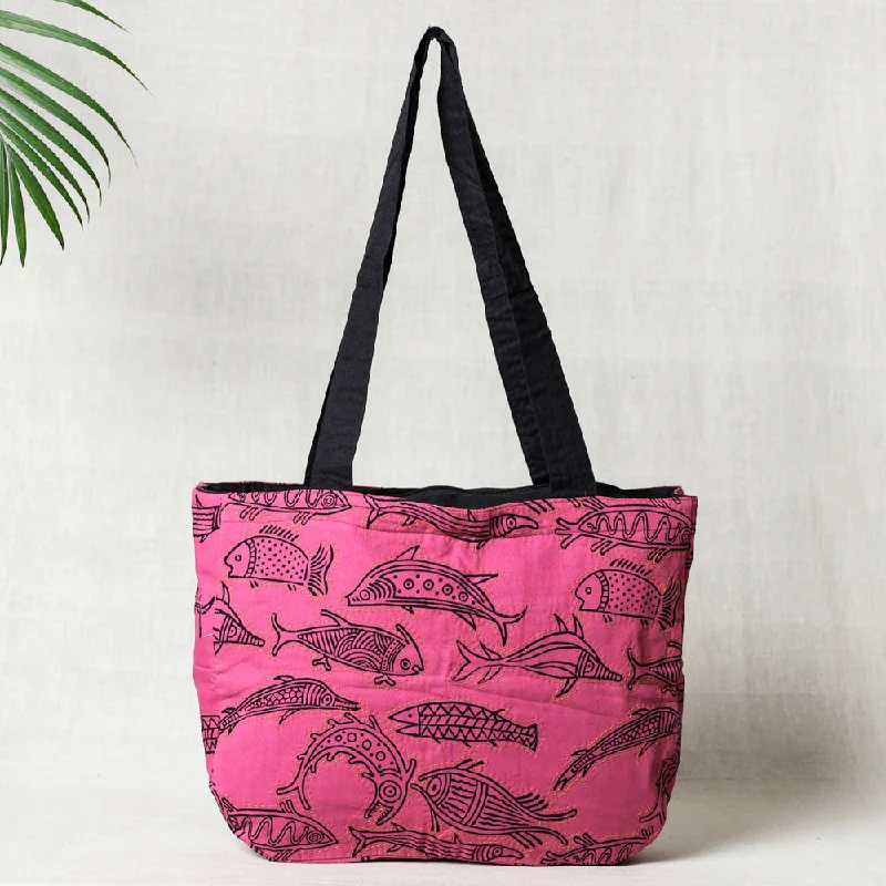 Shoulder bags featuring shiny hardware for glamour -Pink - Kantha Work Block Print Cotton Shoulder Bag