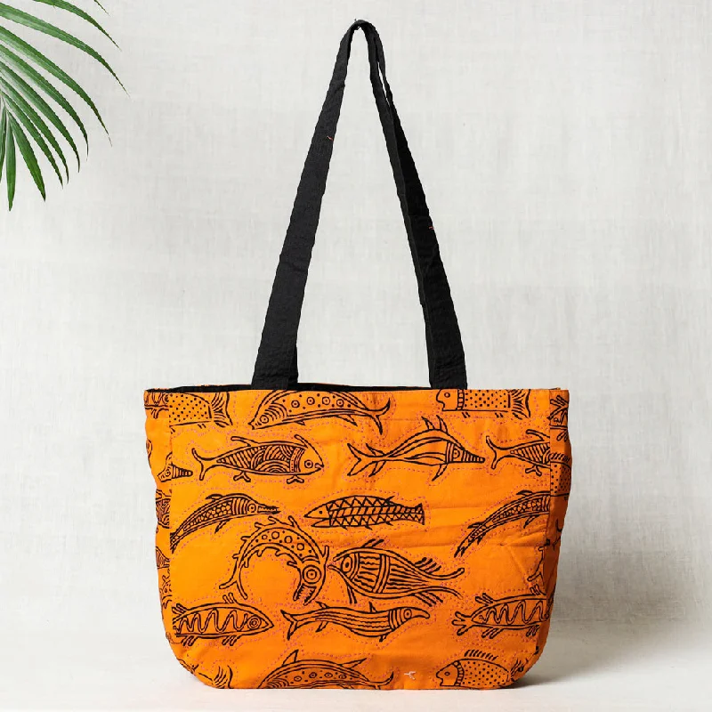 Shoulder bags featuring soft quilting for cozy chic -Orange - Kantha Work Block Print Cotton Shoulder Bag