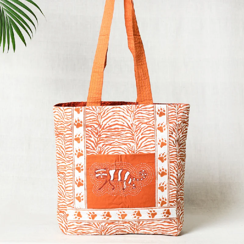 Roomy shoulder bags perfect for travel and errands -Orange - Kantha Work Block Print Cotton Shoulder Bag