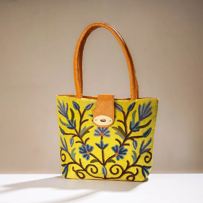 Shoulder bags great for parents with big space -Yellow - Original Crewel Hand Embroidered Shoulder Bag with Leather Handle