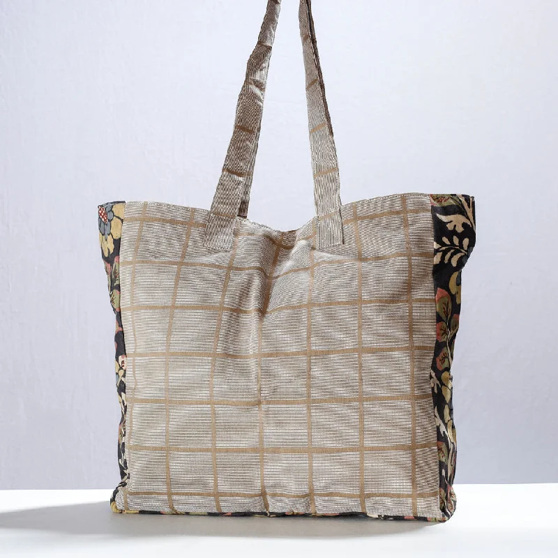 Shoulder bags with worn leather for gritty style -Grey - Handpainted Kalamkari Natural Dyed Cotton Shoulder Bag