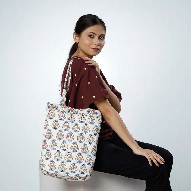 Shoulder bags with sleek leather for soft feel -White - Handcrafted Quilted Sanganeri Block Printed Shoulder Bag