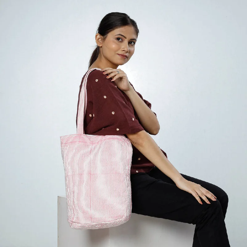 Shoulder bags with firm straps for easy lift -Pink - Handcrafted Quilted Bagru Block Printed Shoulder Bag