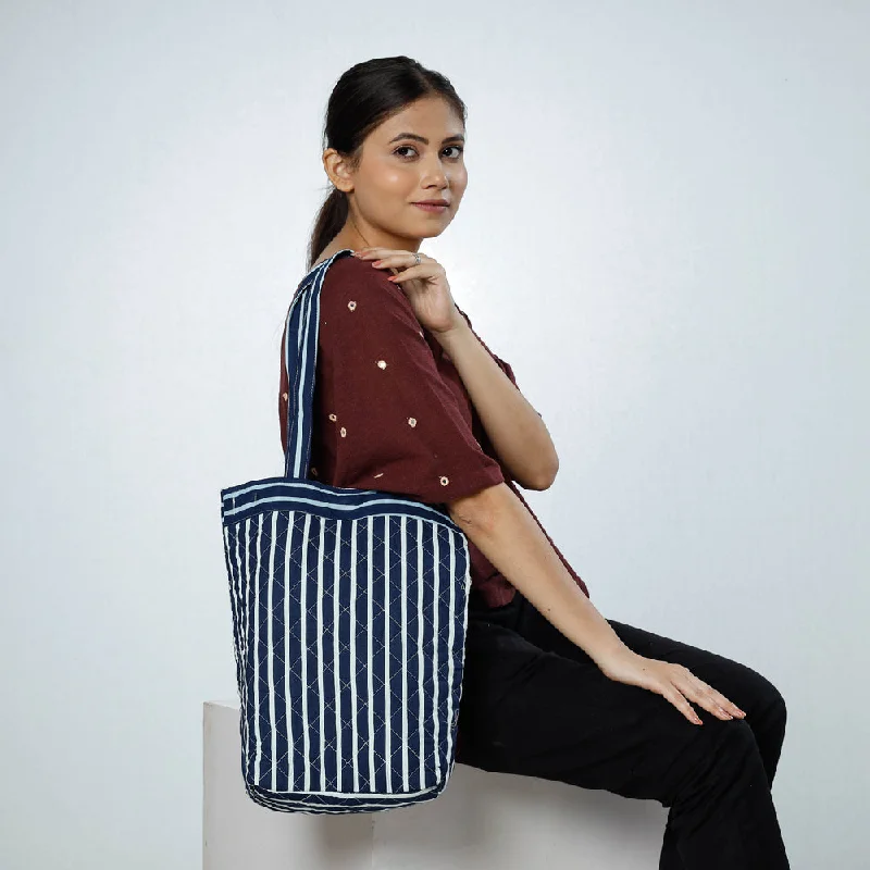 Shoulder bags great for school with laptop space -Blue - Handcrafted Quilted Bagru Block Printed Shoulder Bag