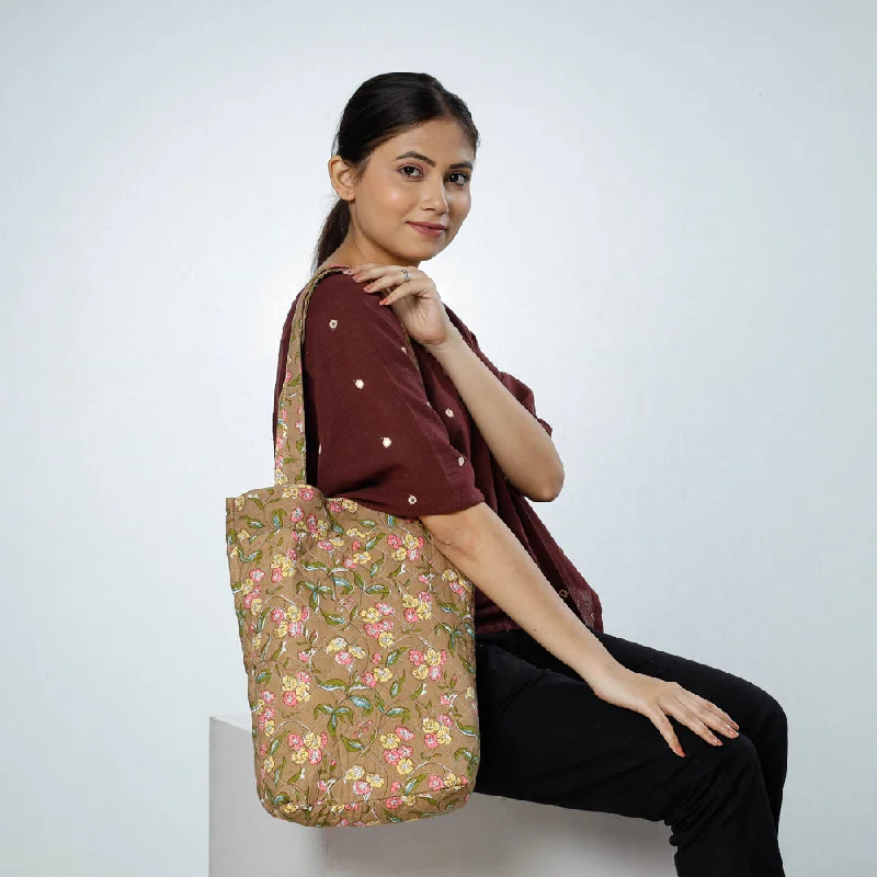 Shoulder bags perfect for markets with ample room -Brown - Handcrafted Quilted Sanganeri Block Printed Shoulder Bag