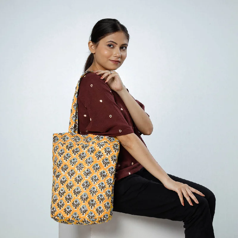 Sleek shoulder bags for clean everyday elegance -Yellow - Handcrafted Quilted Sanganeri Block Printed Shoulder Bag