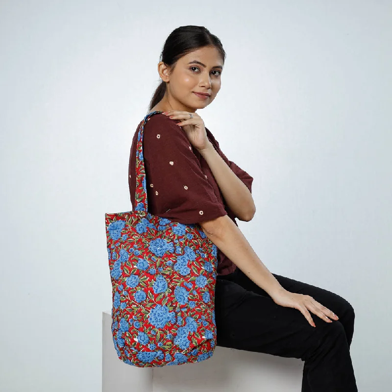 Shoulder bags featuring fringe accents for boho charm -Red - Handcrafted Quilted Sanganeri Block Printed Shoulder Bag