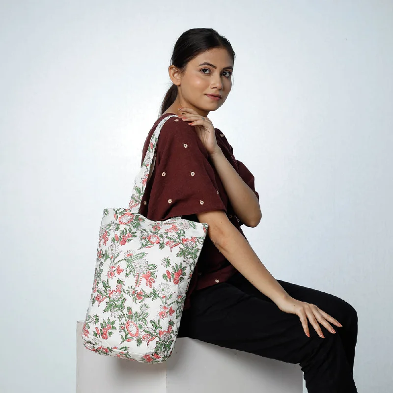 Shoulder bags featuring logo stitching for brand love -White - Handcrafted Quilted Sanganeri Block Printed Shoulder Bag