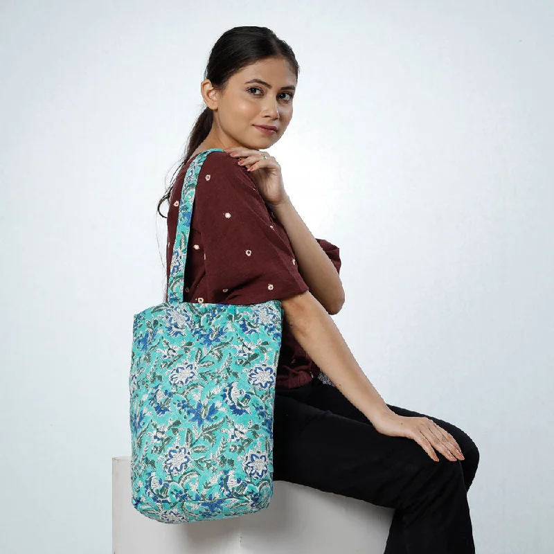 Petite shoulder bags ideal for light day trips -Green - Handcrafted Quilted Sanganeri Block Printed Shoulder Bag