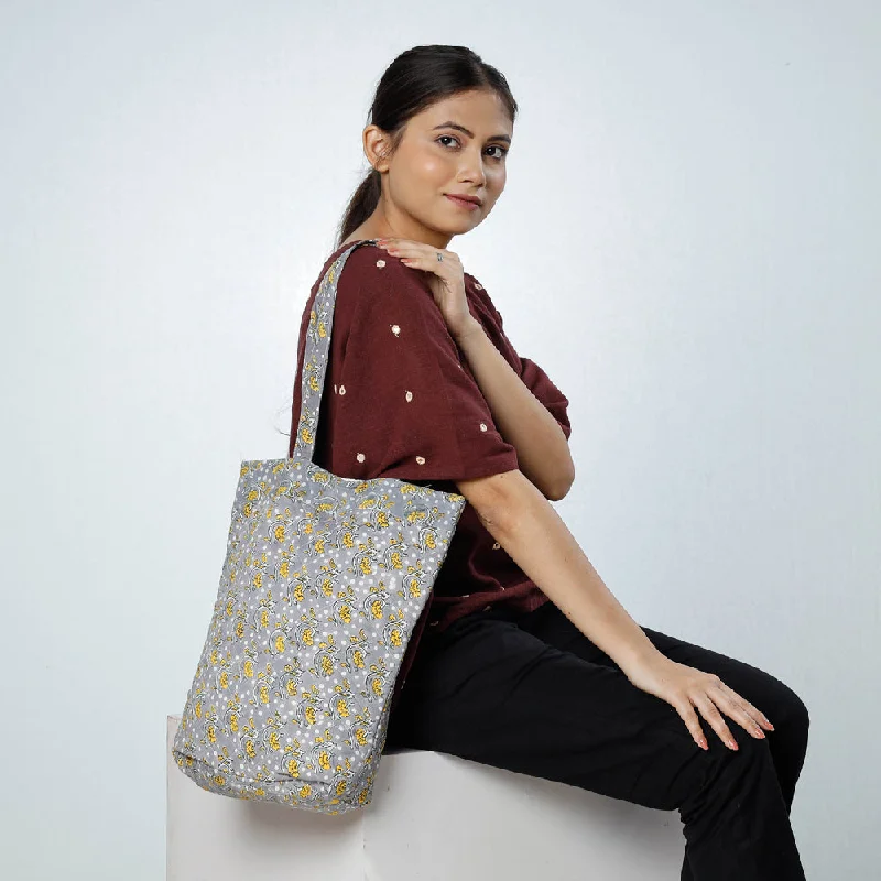 Shoulder bags featuring rope straps for nautical flair -Grey - Handcrafted Quilted Sanganeri Block Printed Shoulder Bag