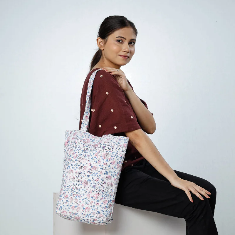 Shoulder bags featuring plaid print for cozy style -White - Handcrafted Quilted Sanganeri Block Printed Shoulder Bag