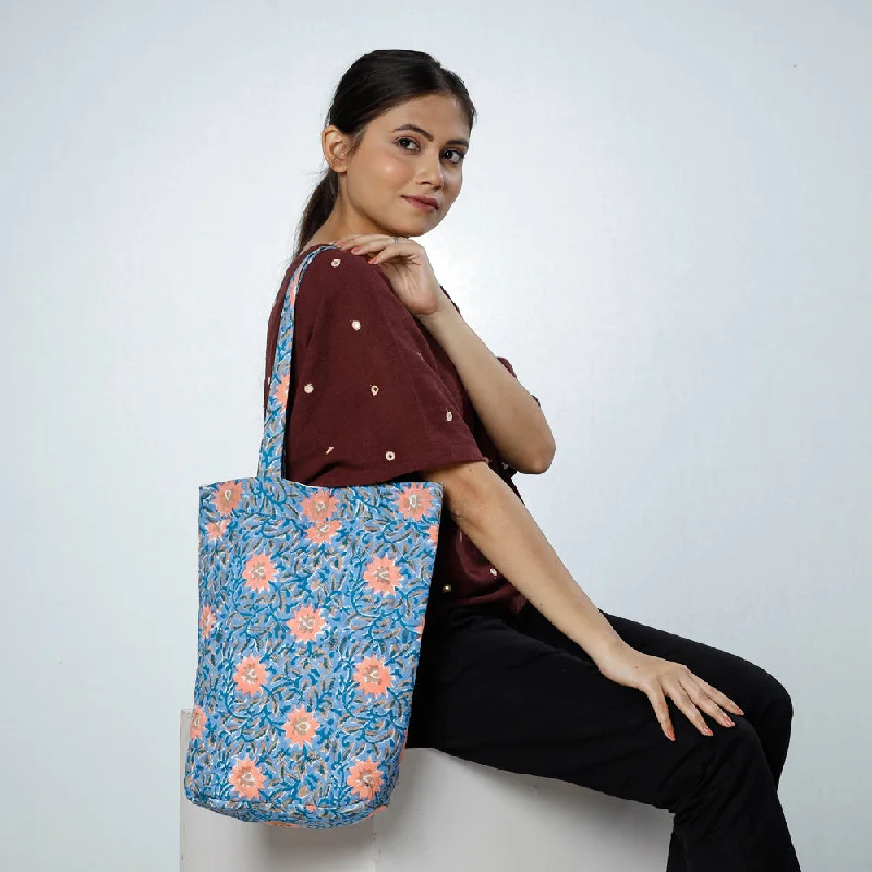 Shoulder bags with dual straps for extra support -Blue - Handcrafted Quilted Sanganeri Block Printed Shoulder Bag