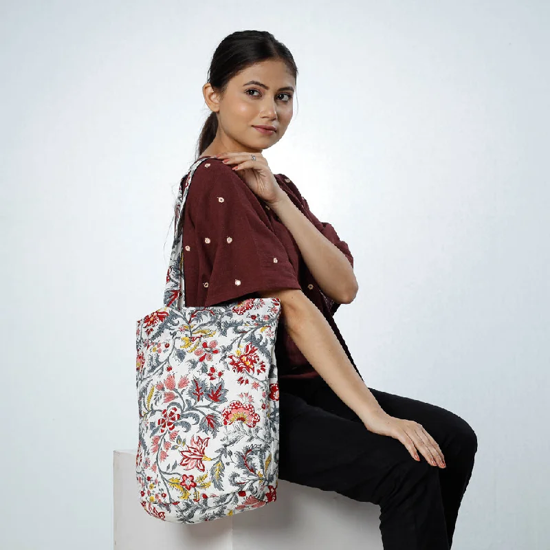 Luxe shoulder bags with premium leather for elegance -White - Handcrafted Quilted Sanganeri Block Printed Shoulder Bag