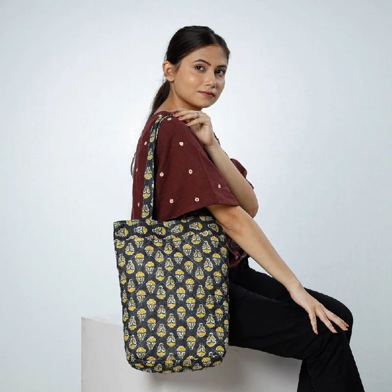 Shoulder bags with firm straps for easy lift -Black - Handcrafted Quilted Sanganeri Block Printed Shoulder Bag